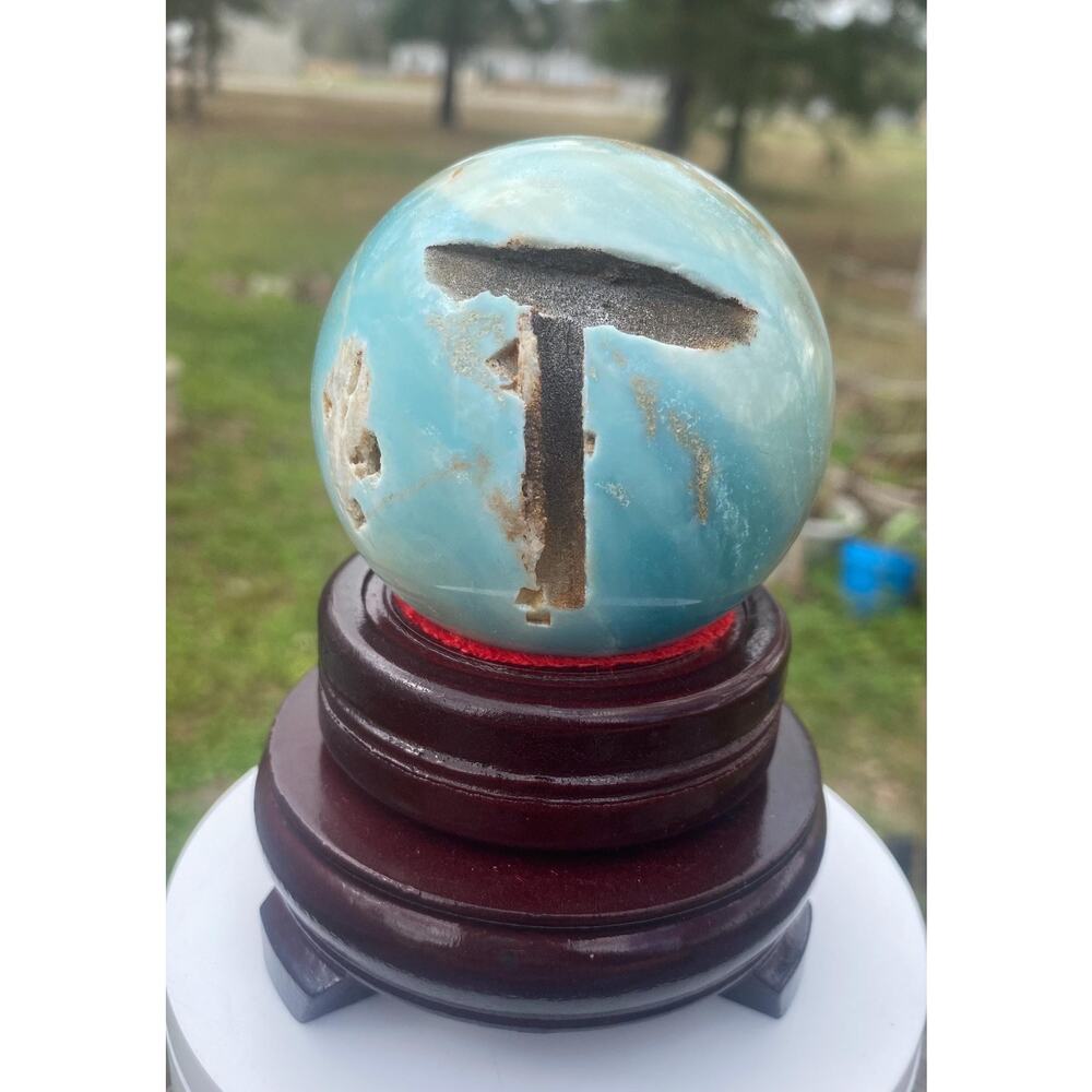 67 mm Unique Carribean Calcite Crystal Sphere on Stand